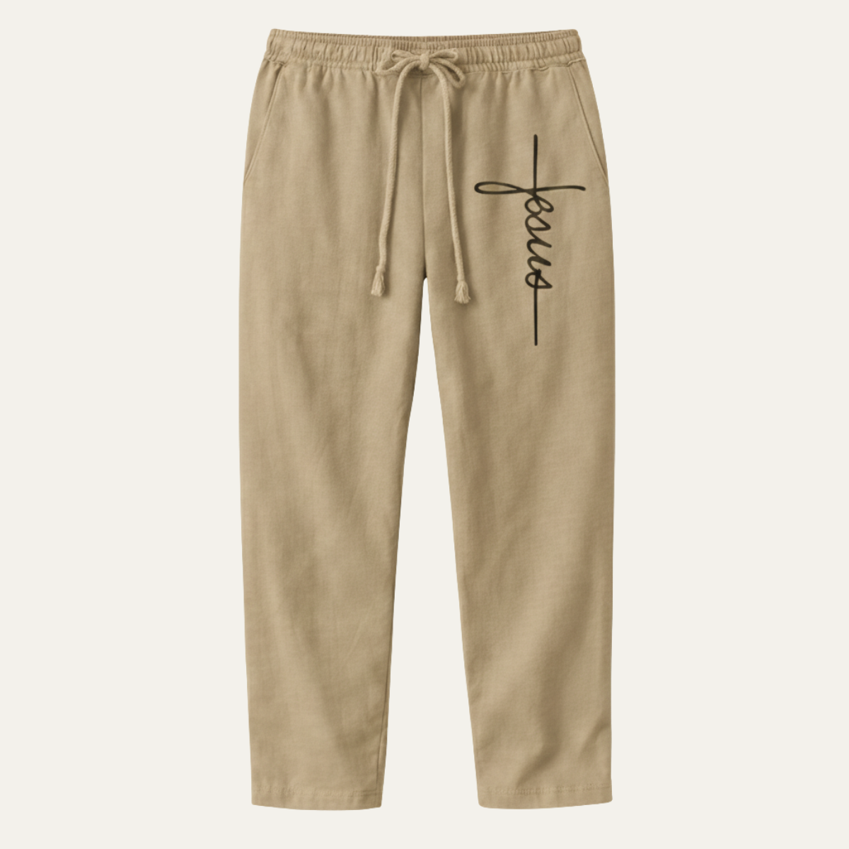 Men's Linen Drawstring Pants Breathable Relaxed Fit Beige