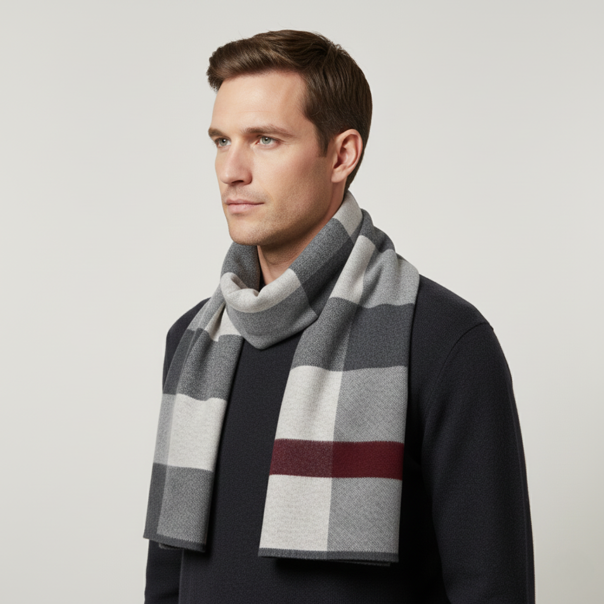 Men's Plaid Scarf Classic Knit Wool Red