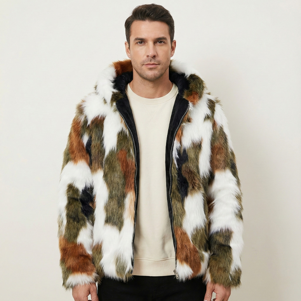 Men's Fur Hooded Winter Jacket Soft Elegant Black