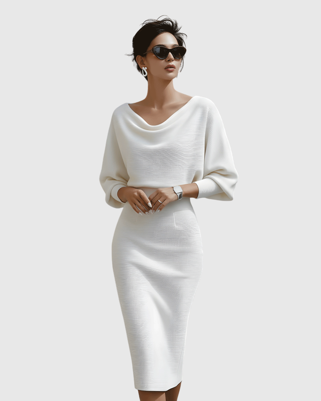 Vivienne Women's Ribbed Midi Dress Batwing Sleeves Cowl Neck