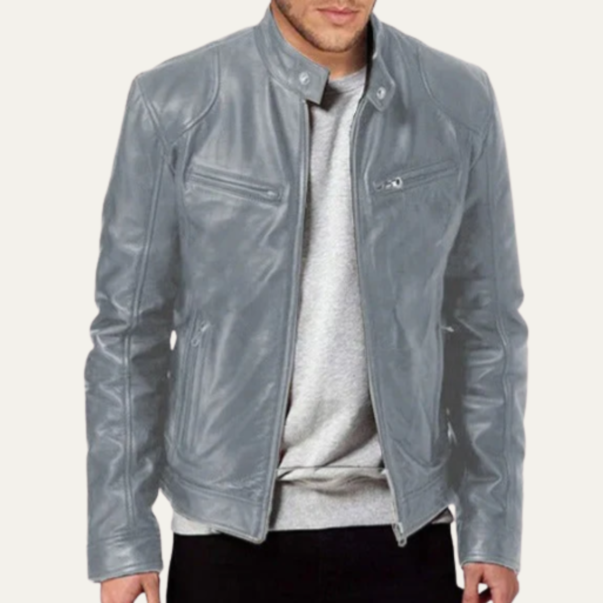 Men's Leather Biker Jacket Vintage Style Zip Up