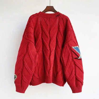 Women's Knitted Cardigan V-Neck Patchwork Embroidery