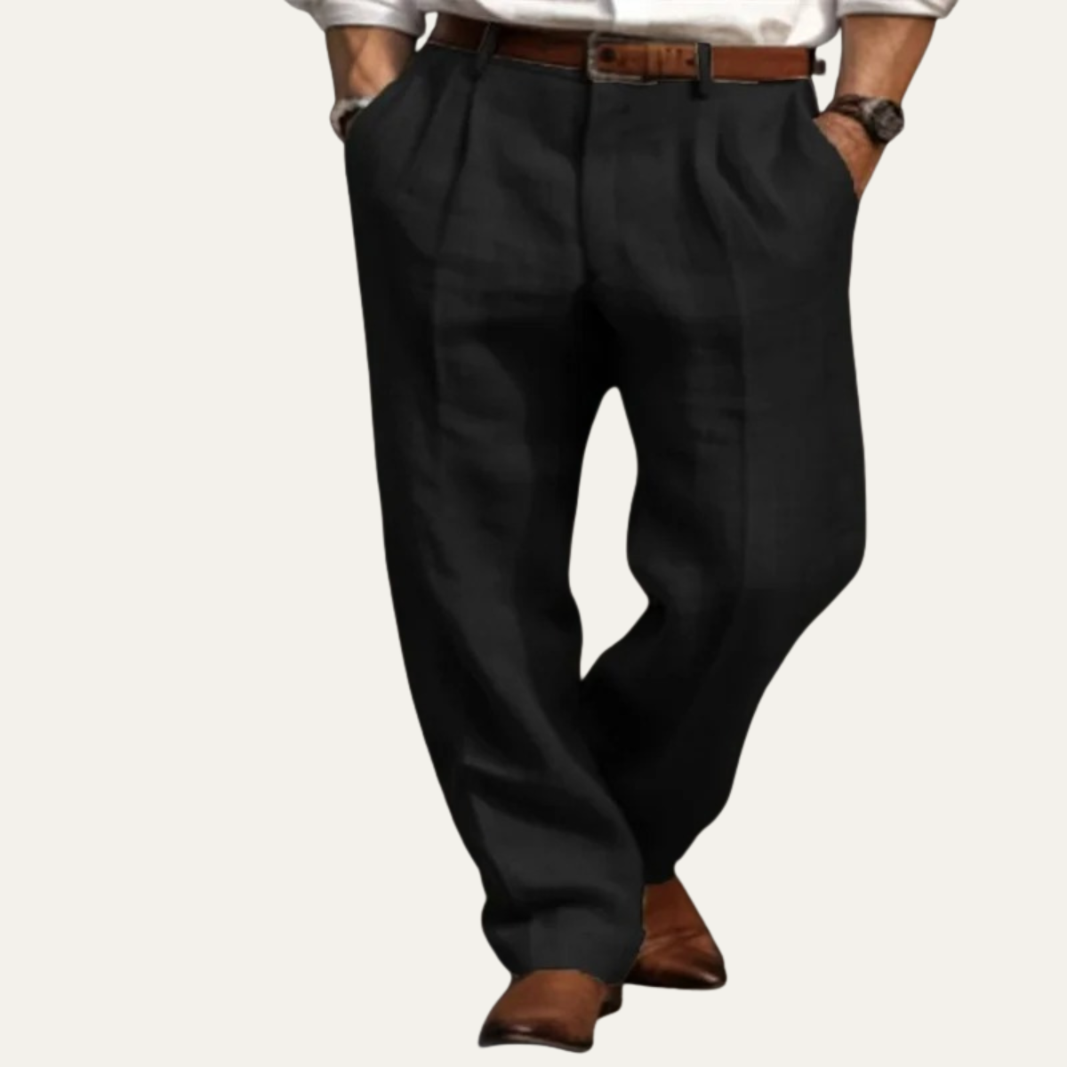 Men's Pleated Straight Pants Casual Cotton Beige