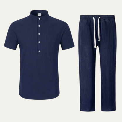 Mens Cotton Linen Polo Shirt And Pants Set Lightweight