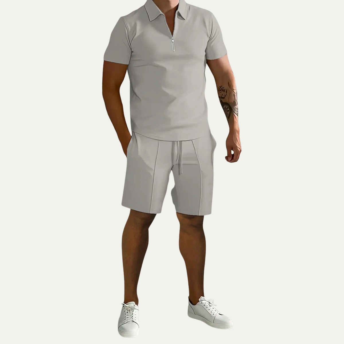 Men's Polo Shirt And Shorts Set Gray Cotton