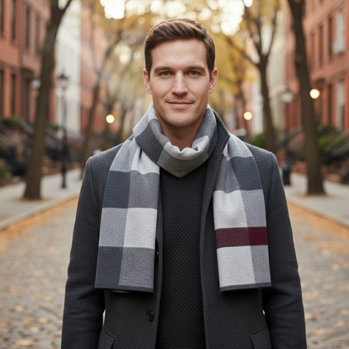 Men's Plaid Scarf Classic Knit Wool Red