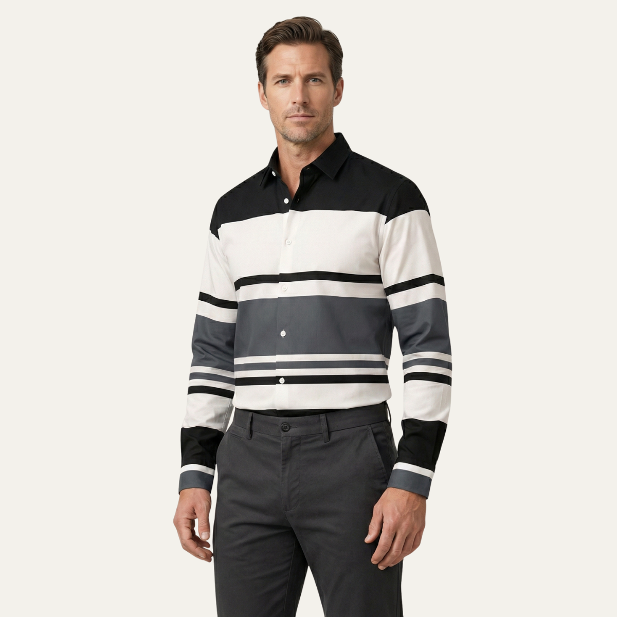 Men's Striped Dress Shirt Color Block Modern Style