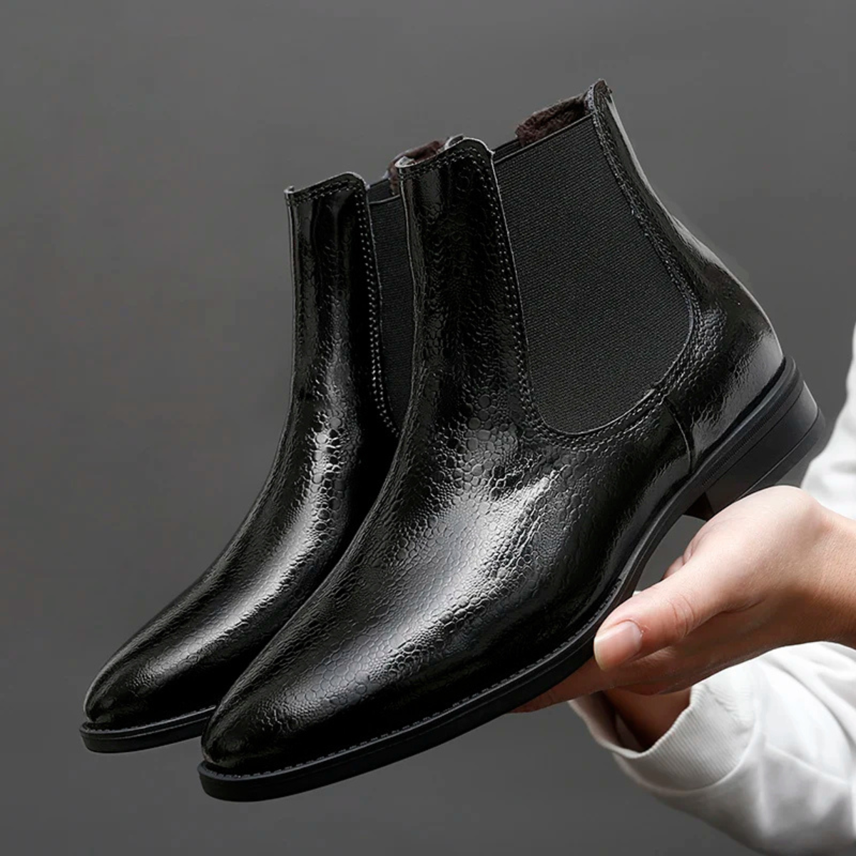 Men's Leather Chelsea Boots Elastic Panel Black - Fashinoza