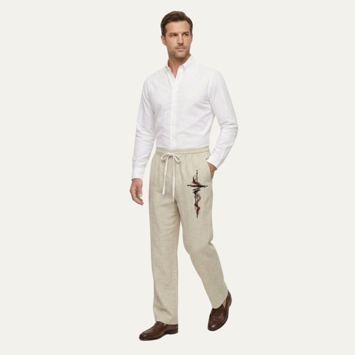 Men's Linen Wide Leg Drawstring Pants Lightweight Beige