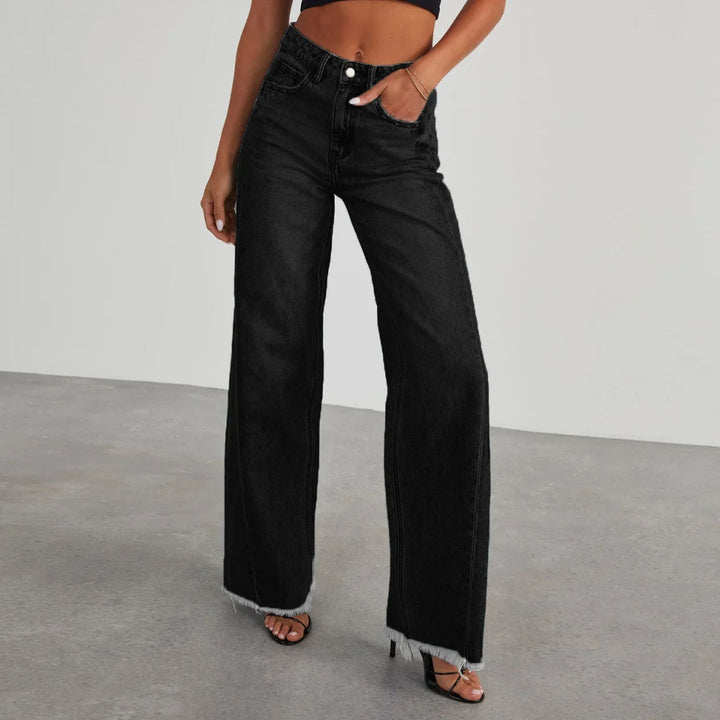 Women's Wide Leg Jeans Frayed Hem Dark Blue - Fashinoza