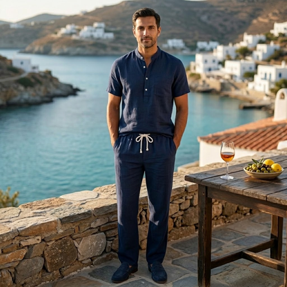 Mens Cotton Linen Polo Shirt And Pants Set Lightweight
