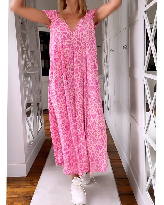 Women's V Neck Printed Dress Short Sleeve Loose Fit - Fashinoza
