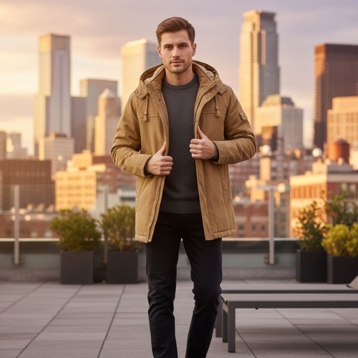 Men's Modern Parka Jacket Waterproof Hooded Black