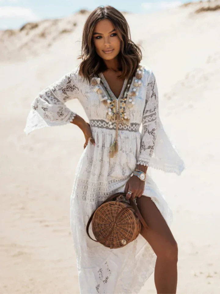 Women's Bohemian Lace Maxi Dress Flared Sleeves - Fashinoza