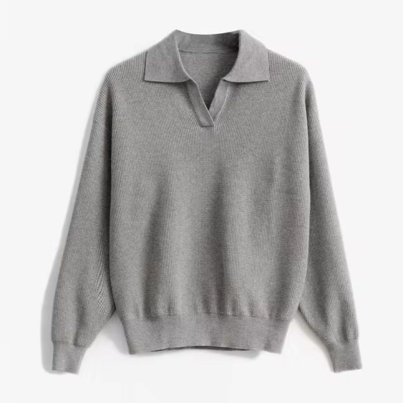 Women's V-Neck Sweater Relaxed Fit Ribbed Collared Cozy - 
Fashinoza