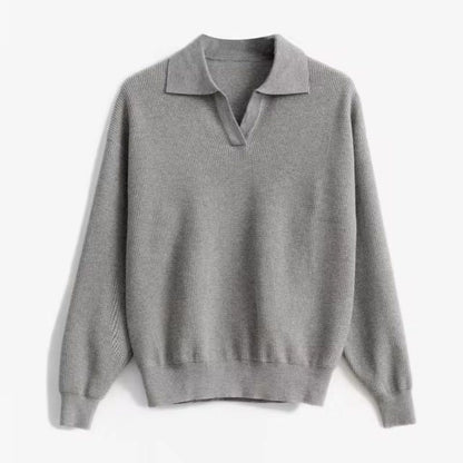 Women's V-Neck Sweater Relaxed Fit Ribbed Collared Cozy - 
Fashinoza