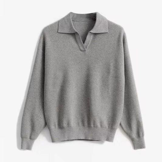 Women's V-Neck Sweater Relaxed Fit Ribbed Collared Cozy - 
Fashinoza