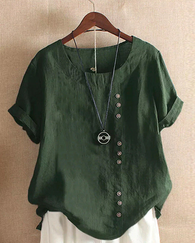 Women's Short Sleeve Blouse Cotton Button Front Rolled Cuffs