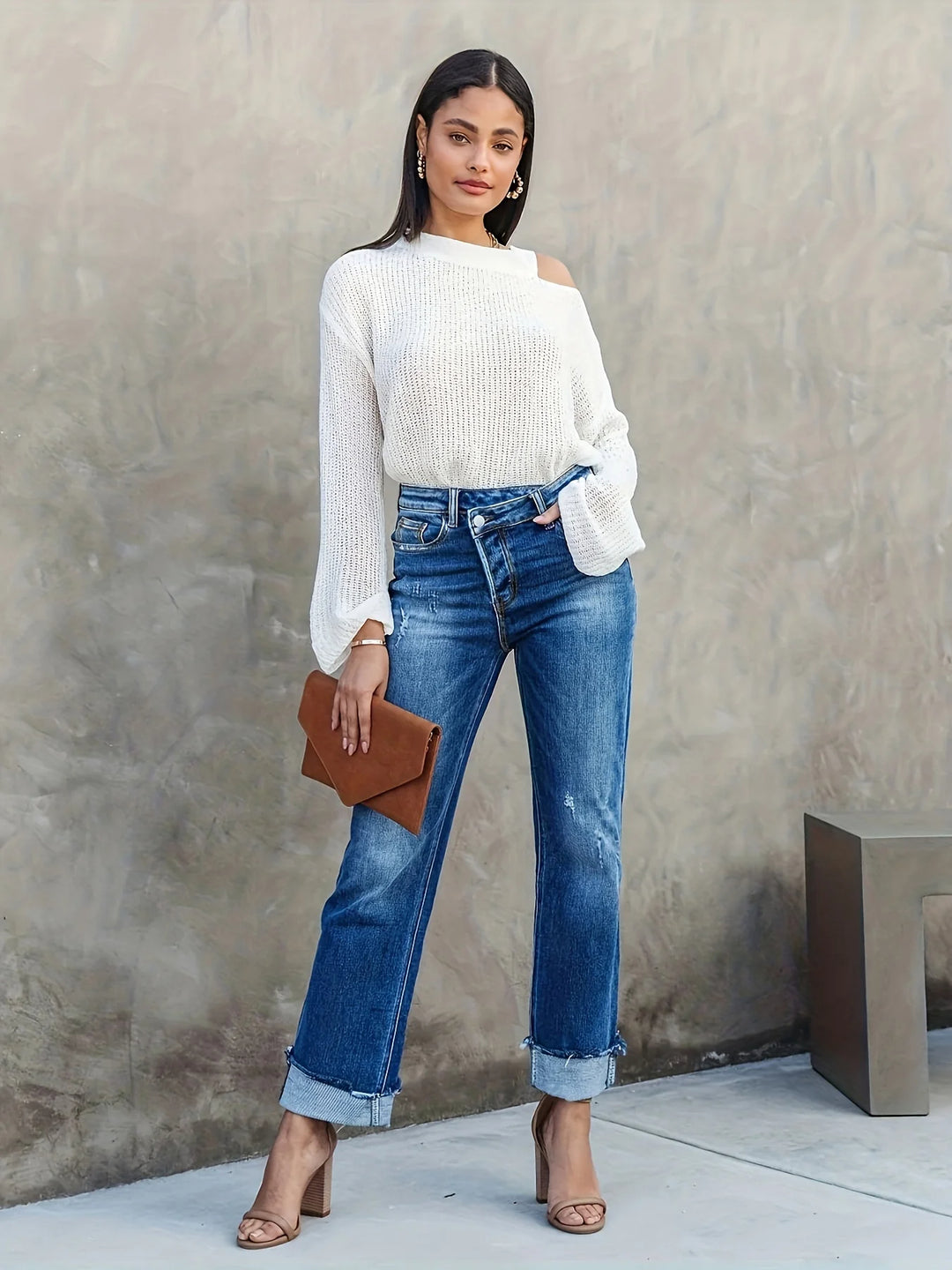 Women's Straight Leg Asymmetric Jeans - Fashinoza