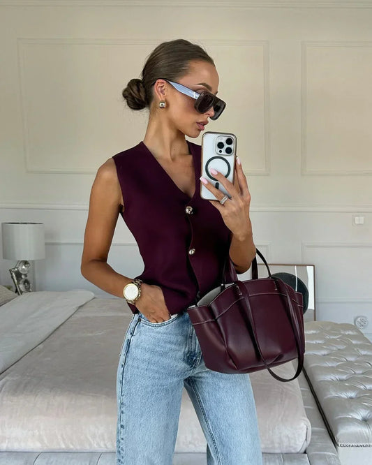 Women's Knitted Vest Sleeveless Button Front - Fashinoza