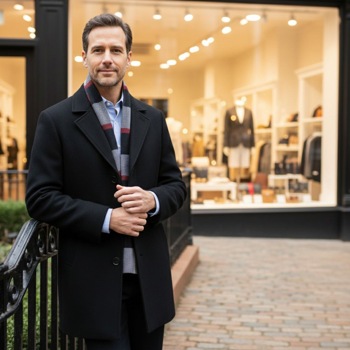 Men's Wool Overcoat Elegant Scarf Detail Charcoal