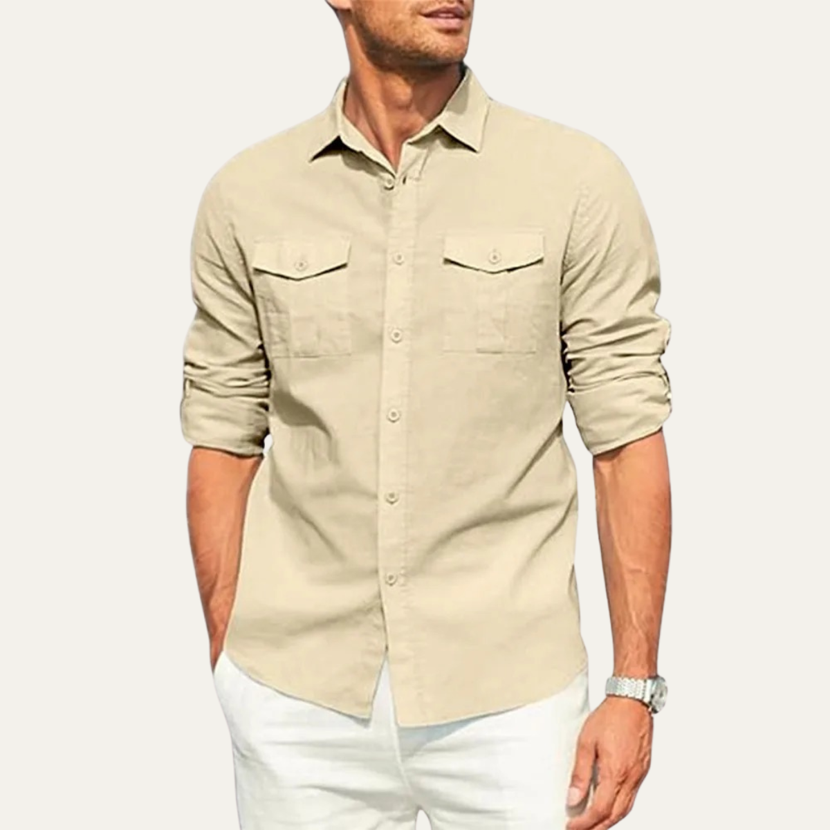 Men's Cotton Linen Cargo Shirt Double Pocket Button Up
