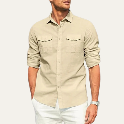 Men's Cotton Linen Cargo Shirt Double Pocket Button Up