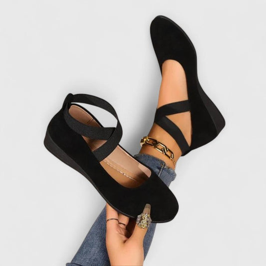 Women's Suede Wedge Flats Cross Strap Design - Fashinoza