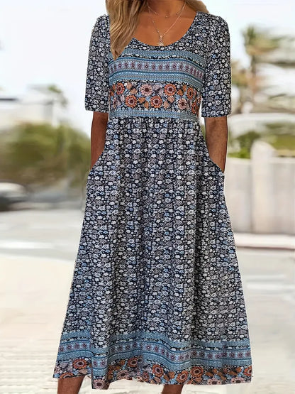 Women's Bohemian Print Dress Round Neckline