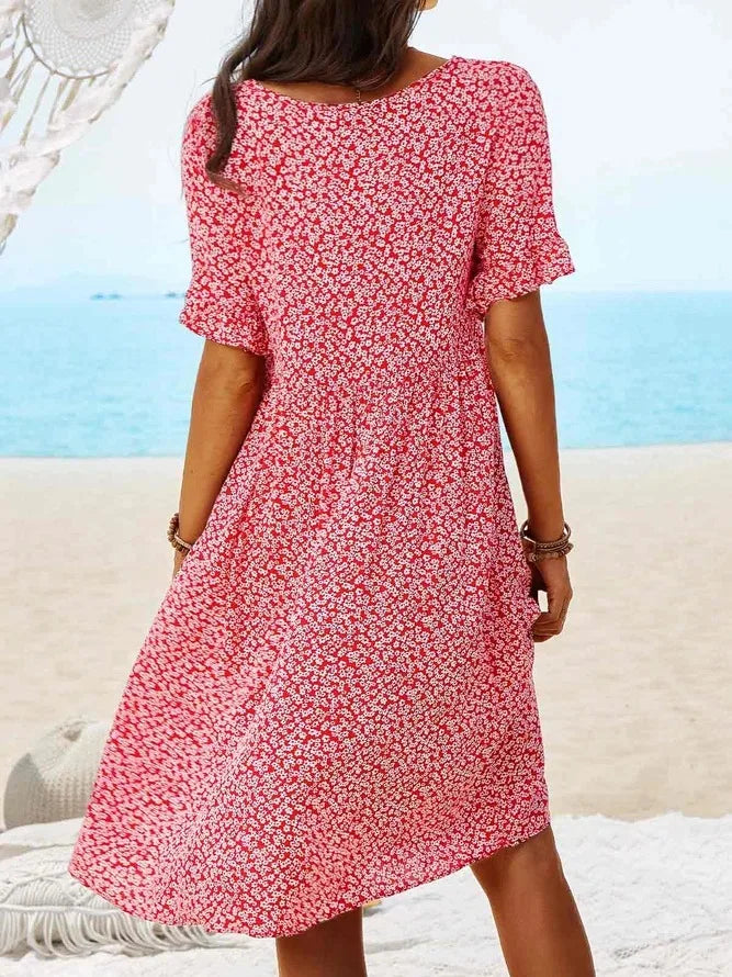 Women's Floral V-Neck Short Sleeve Smock Dress