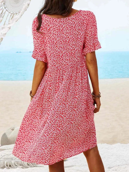 Women's Floral V-Neck Short Sleeve Smock Dress