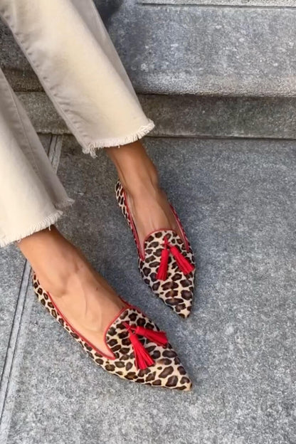 Women's Pointed Loafer Shoes Red Tassels