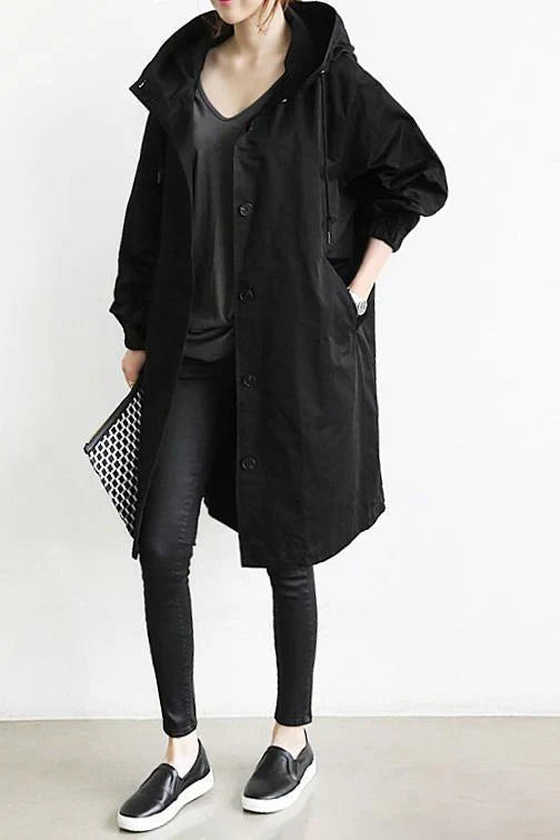 Women's Hooded Trench Coat Oversized Cotton Button Front Beige