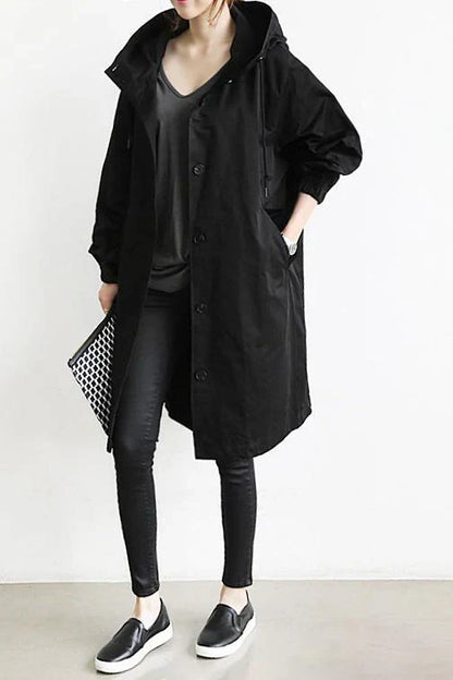 Women's Hooded Trench Coat Oversized Cotton Button Front Beige