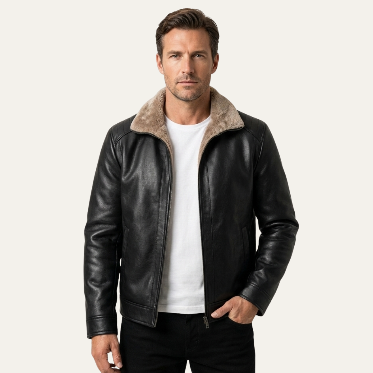 Men's Leather Jacket Fleece Lined Winter Black