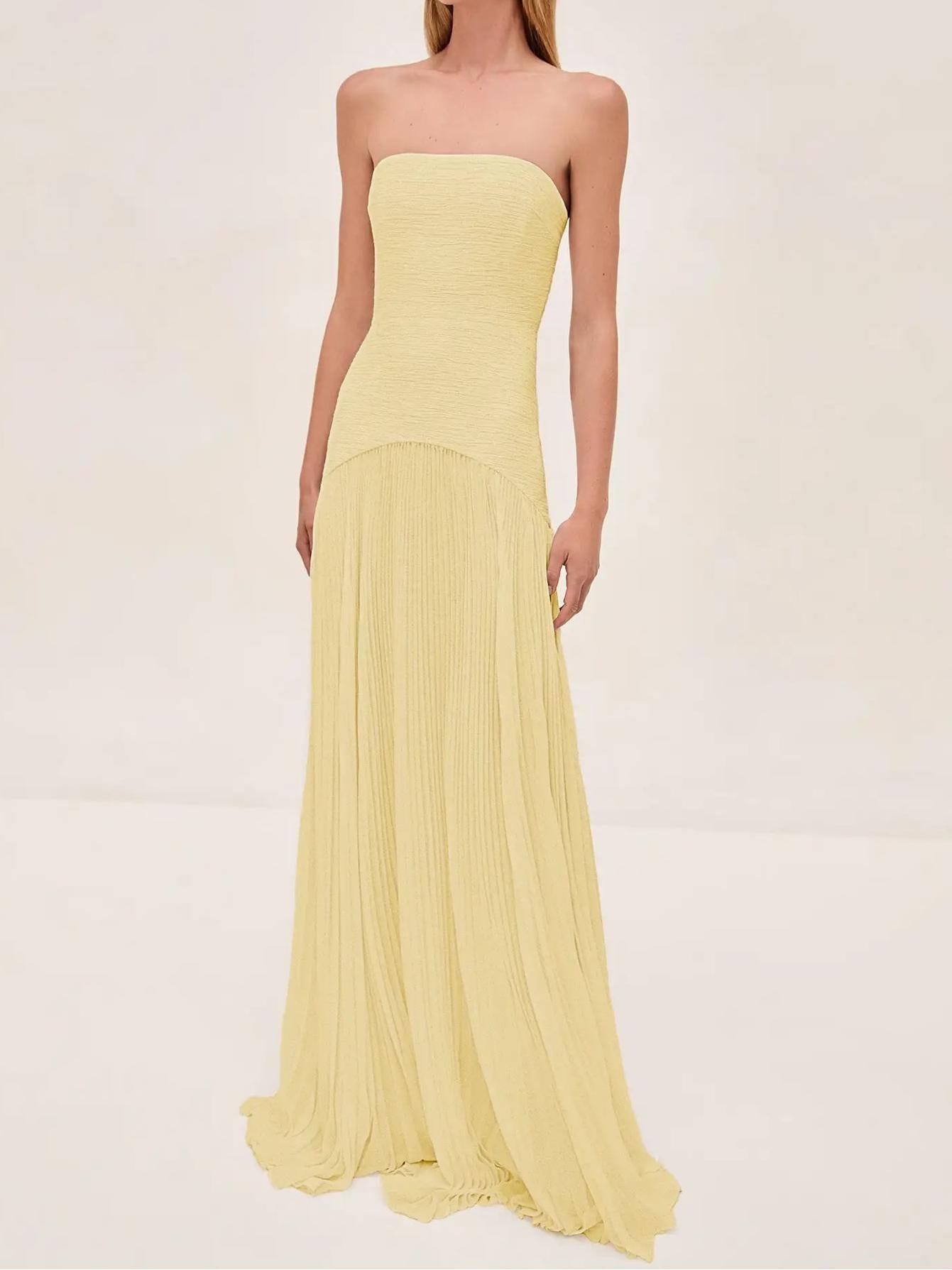 Women's Strapless Pleated Maxi Dress Formal Evening Gown