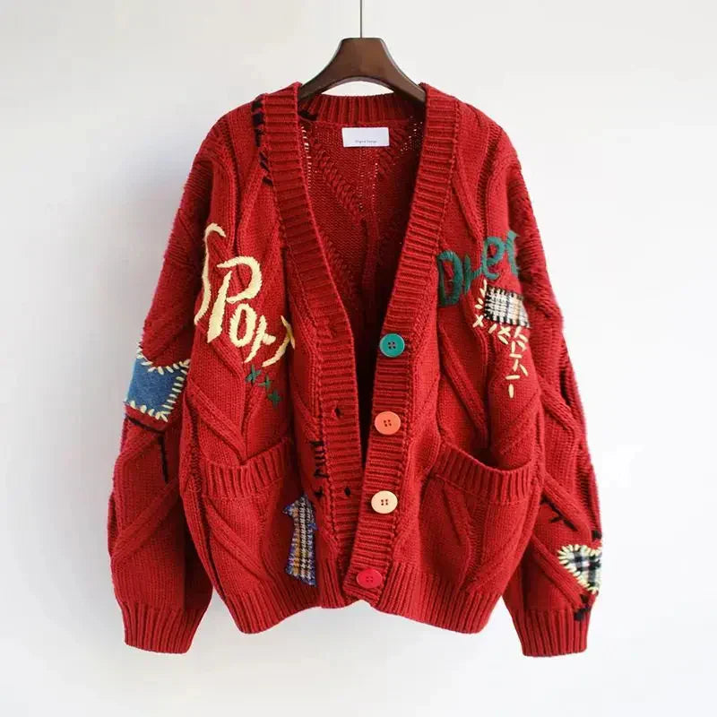 Women's Knitted Cardigan V-Neck Patchwork Embroidery