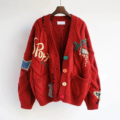 Women's Knitted Cardigan V-Neck Patchwork Embroidery