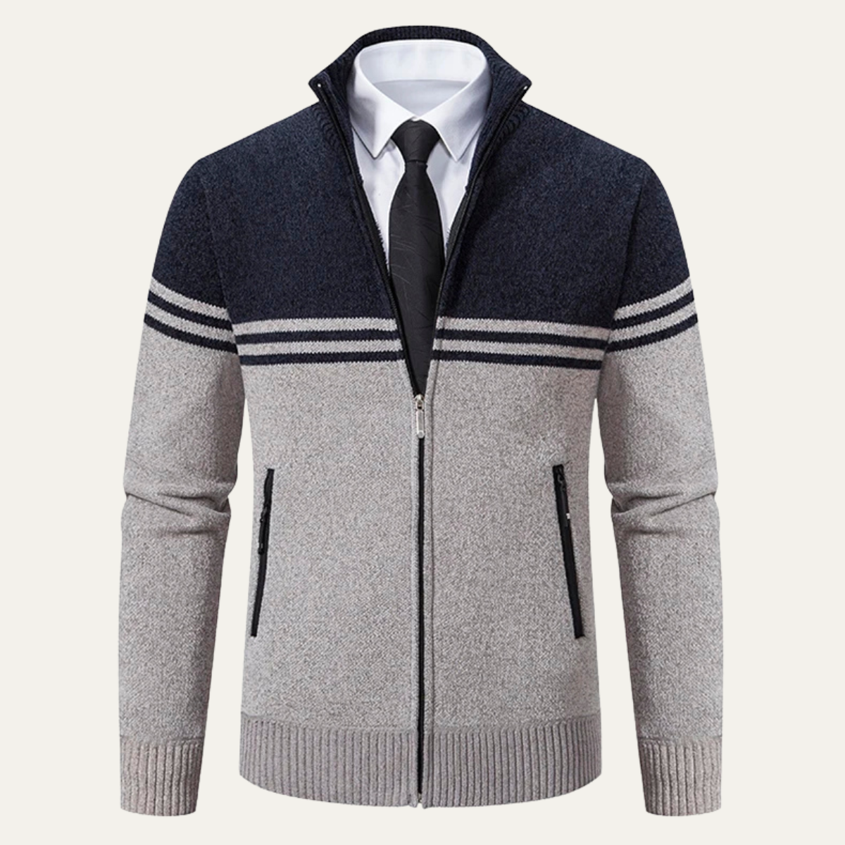 Men's Striped Fleece Lined Knit Sweater Jacket - Fashinoza