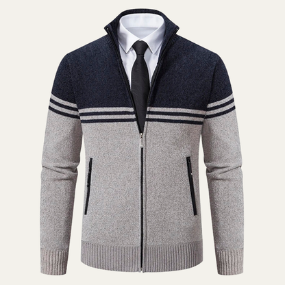 Men's Striped Fleece Lined Knit Sweater Jacket - Fashinoza