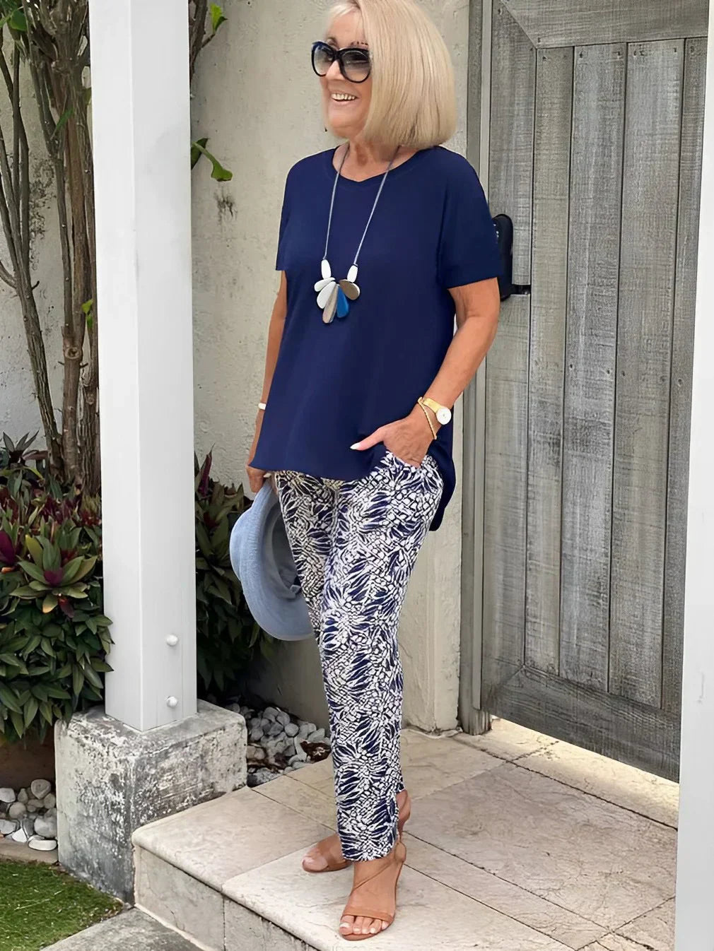 Women's Short Sleeve Patterned Two Piece Set