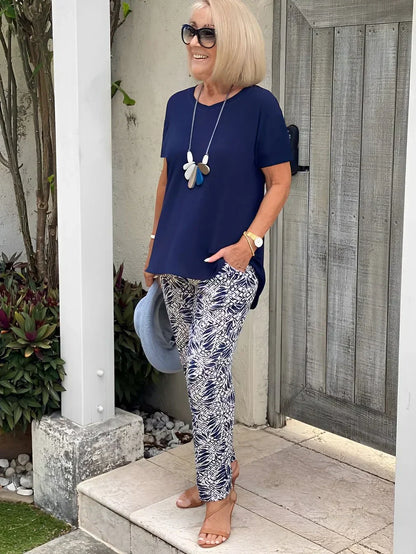 Women's Short Sleeve Patterned Two Piece Set