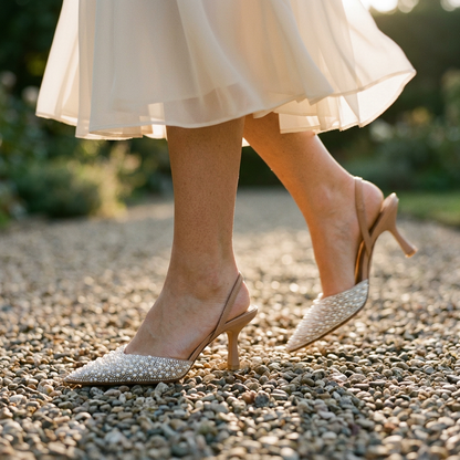Women's Pointed Toe Slingback Pumps Pearl Rhinestone Accents