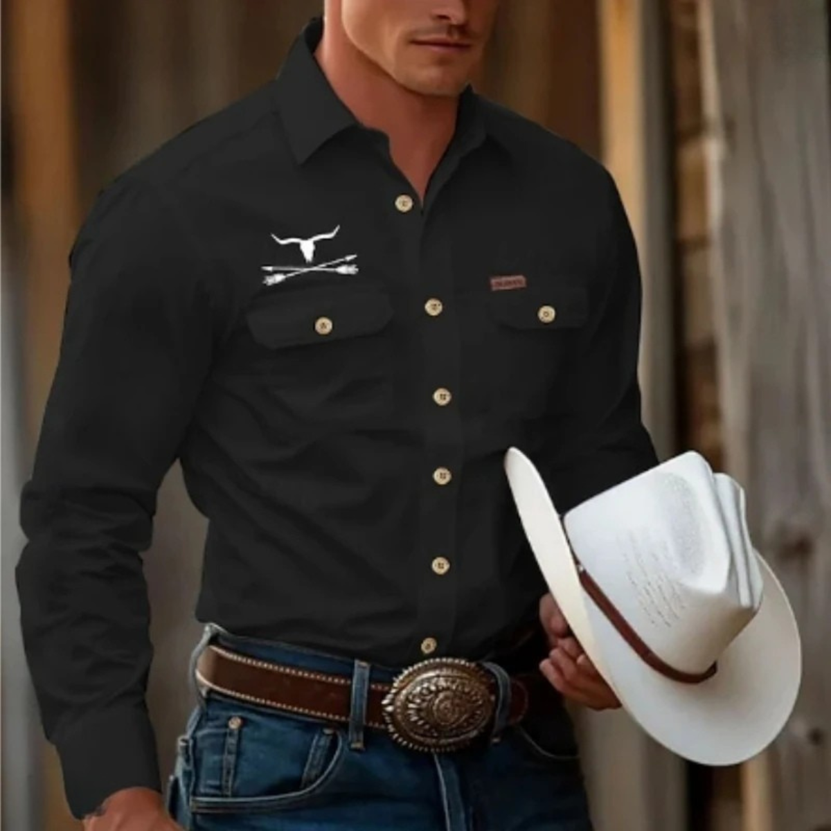 Men's Western Cowboy Print Shirt Casual Cotton