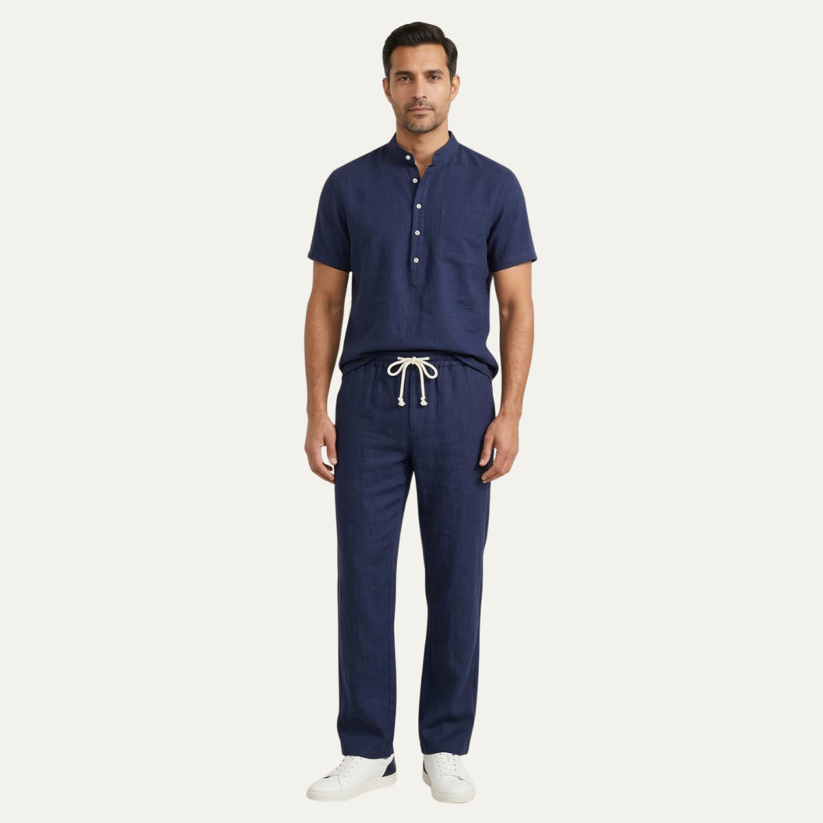 Mens Cotton Linen Polo Shirt And Pants Set Lightweight