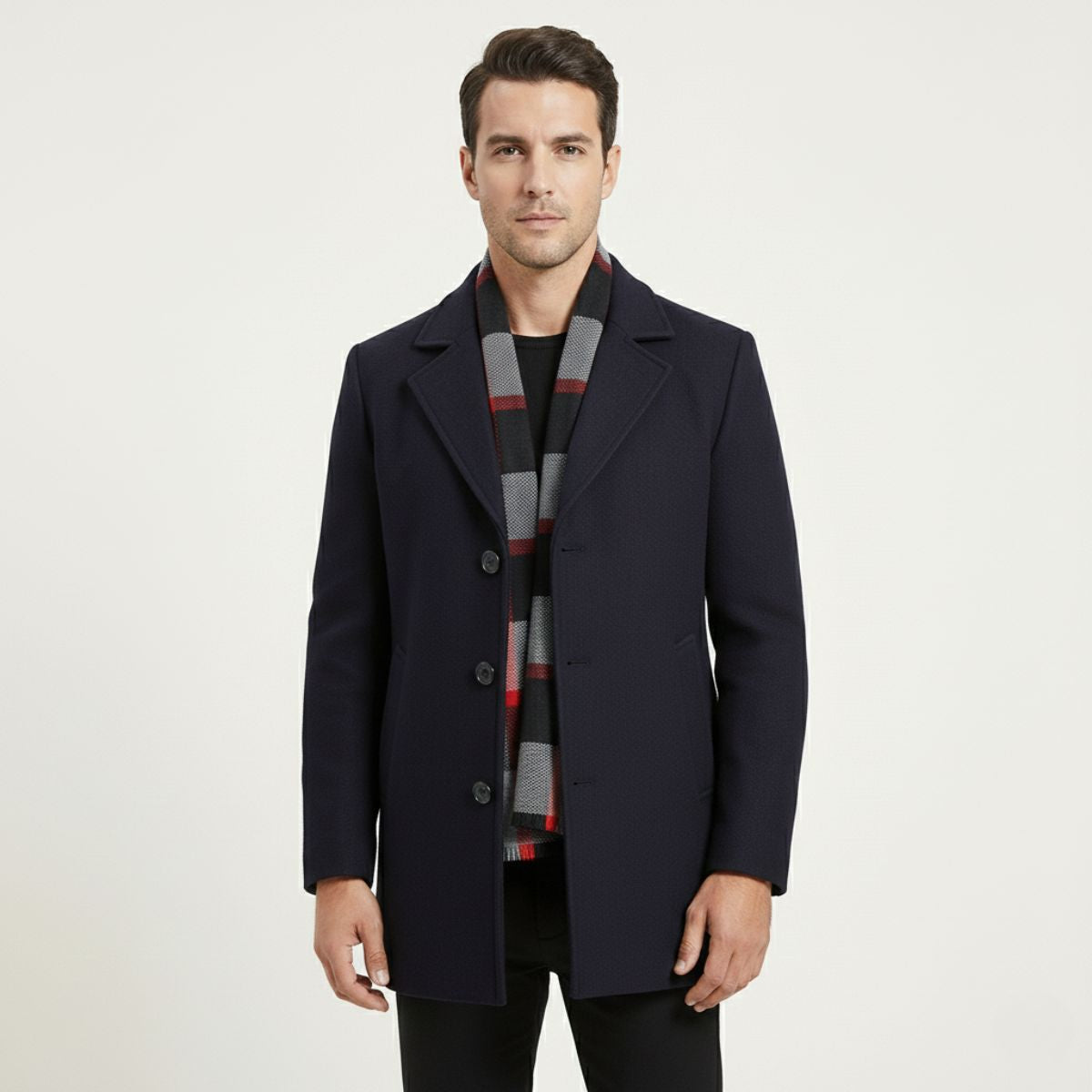 Men's Wool Overcoat Elegant Scarf Detail Charcoal