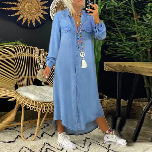 Women's Long Sleeve Denim Dress - Fashinoza