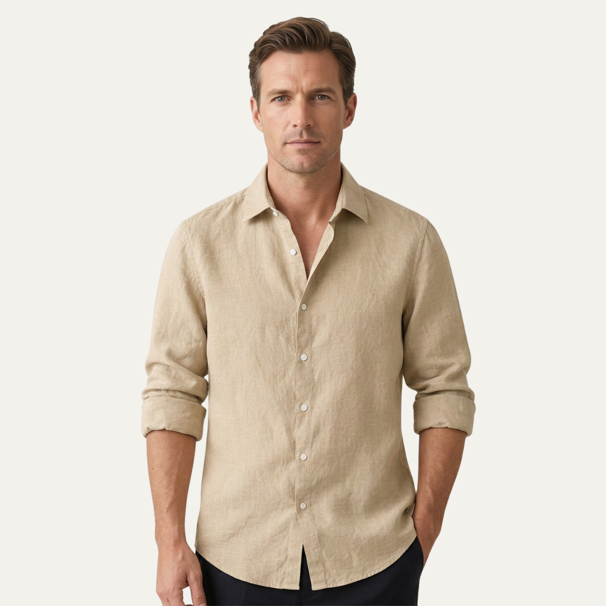 Men's Linen Beach Shirt Lightweight Summer Beige - Fashinoza