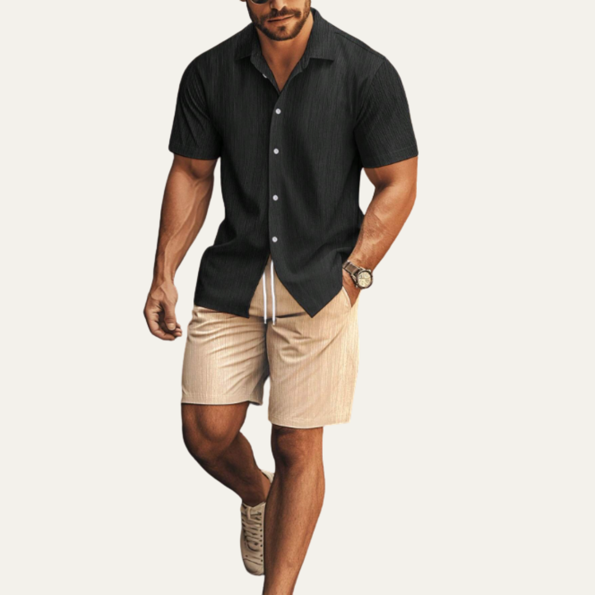 Men's Summer Shirt And Shorts Set Cotton Button Up
