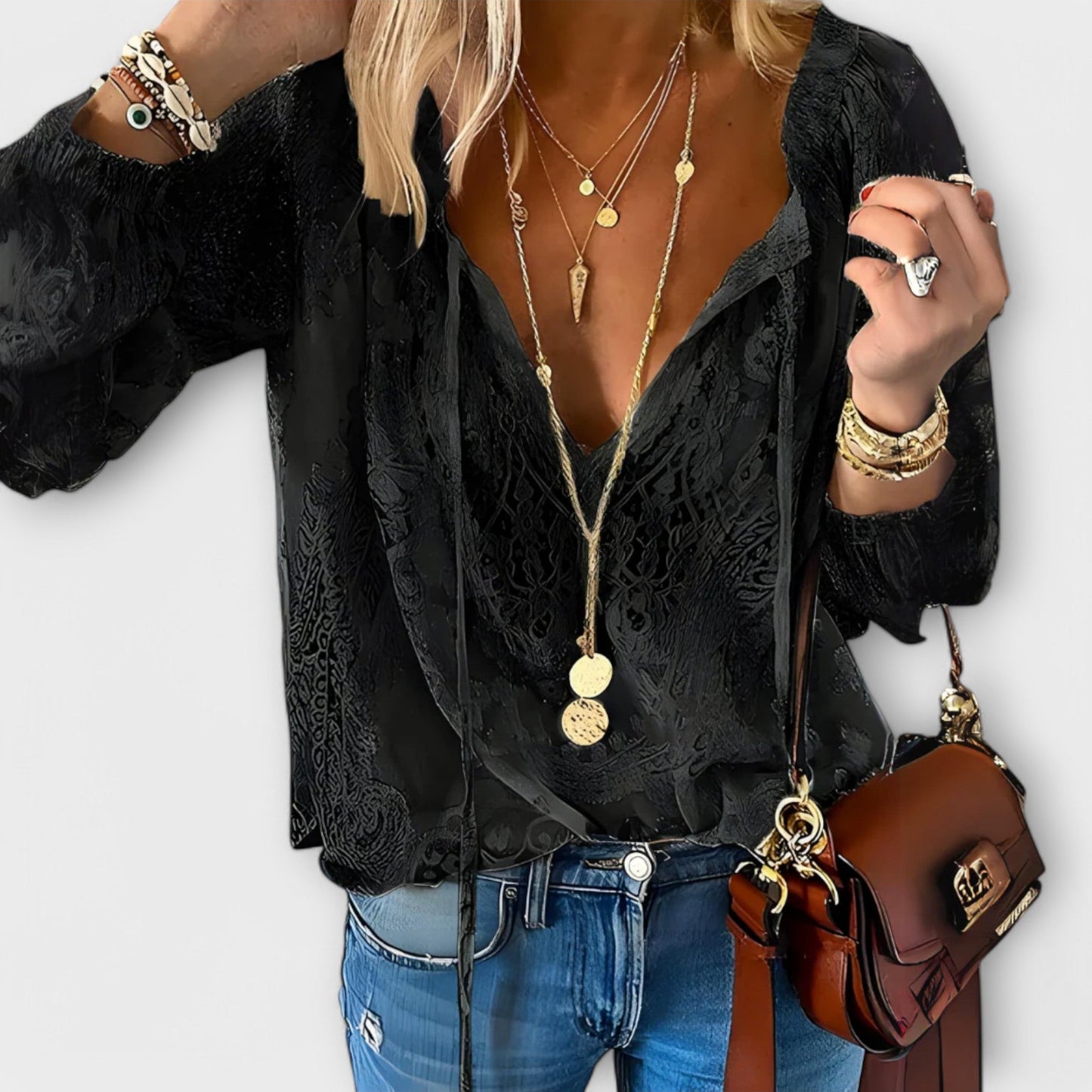 Women's Lace V-Neck Long Sleeve Blouse